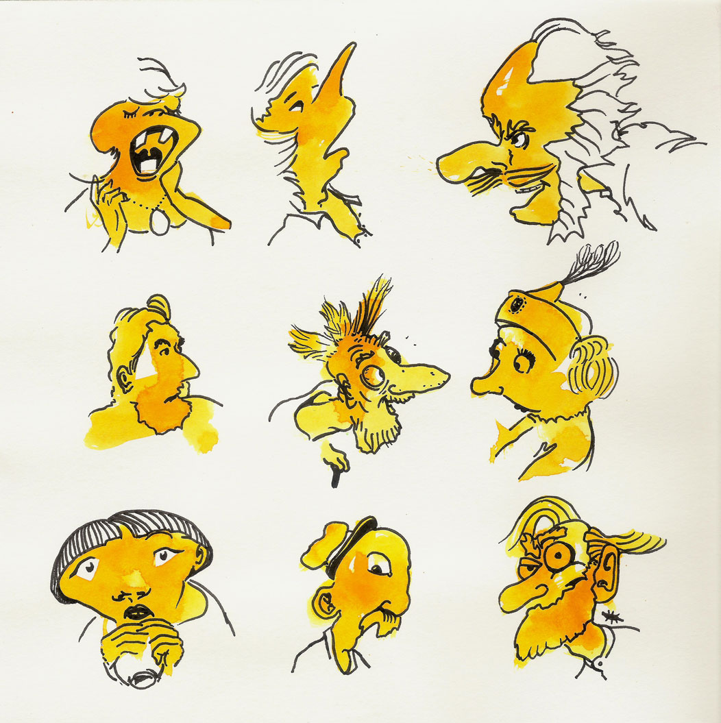 Aquarellköpfe aus Farbkleksen - gelb